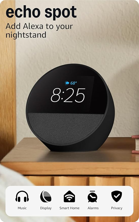 Amazon Echo Spot (newest model), Great for nightstands, offices and kitchens, Smart alarm clock, Designed for Alexa+, Bl