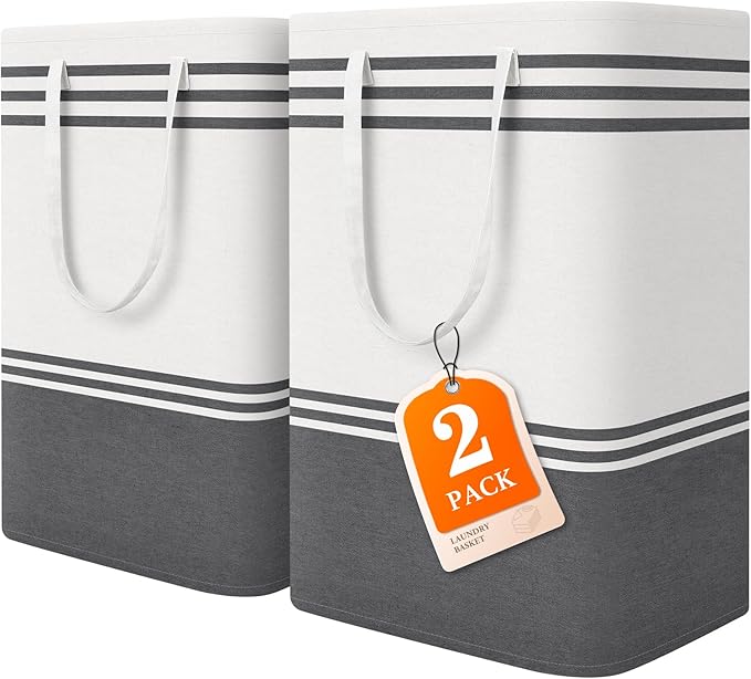2 Pack Large Laundry Baskets, Laundry Hampers, Freestanding Waterproof Collapsible Clothes Bags with Reinforced Handles