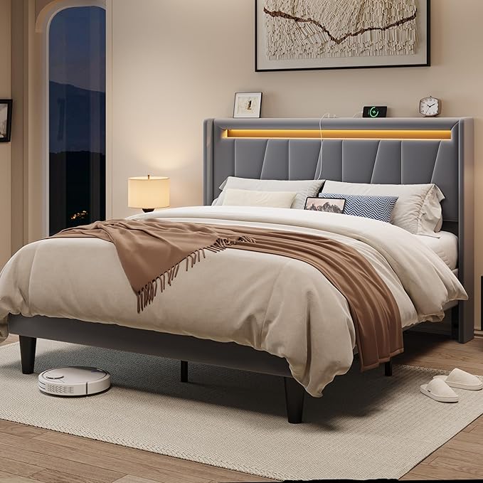 Allewie Queen Size LED Bed Frame with Charging Station, Velvet Upholstered Platform Bed with Geometric Wingback Headboar