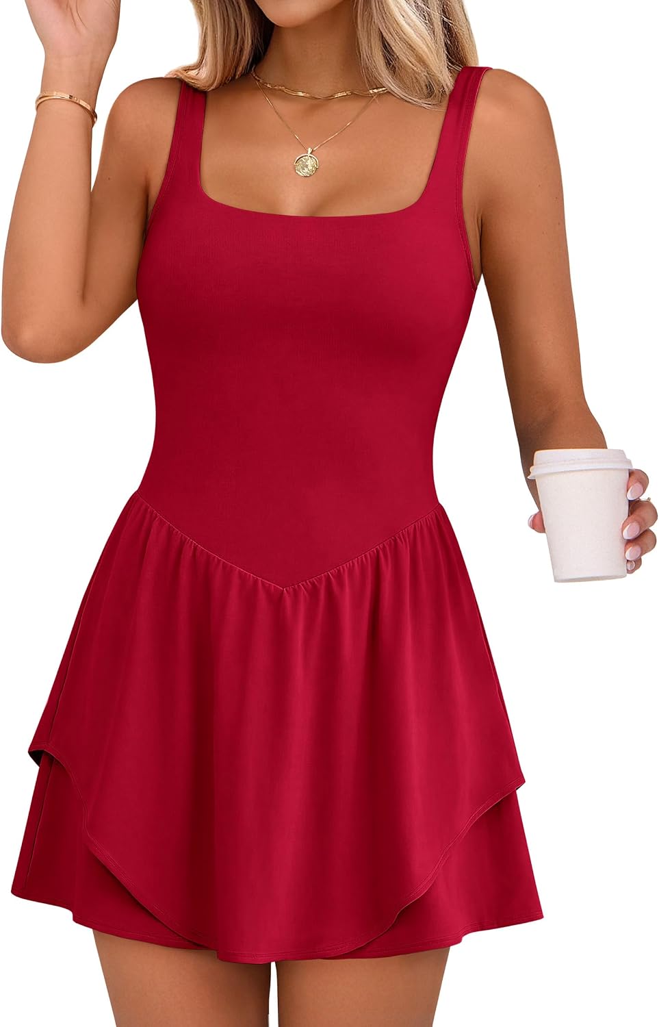 Caracilia Women Tennis Golf Dress with Pocket | Square Neck 2 Layers Hem, Built in Shorts and Bra, Workout Athletic Acti