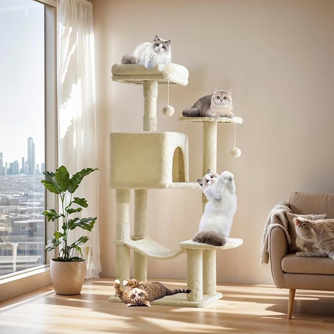 Sweetcrispy 44 Inch Cat Tree Tower, Cat Climbing Tower with Natural Sisal Scratching Posts, Hammock, Pet Condo for Indoo