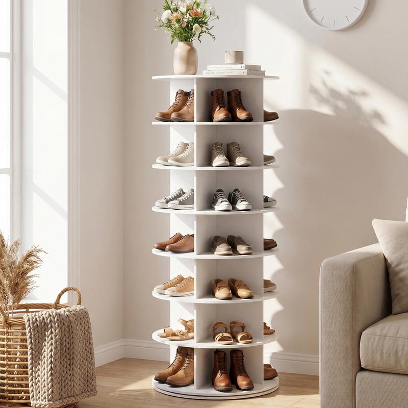 CONCETTA 7 Tier Rotating Shoe Rack Organizer, 360° Spinning Shoe Storage Tower, White Entryway Closet Shoe Shelf for Sne