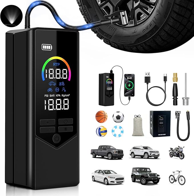 Tire Inflator Portable Air Compressor, 7500mAh Cordless Air Pump for Car Tires, Bike Pump with Color Screen Digital Pres
