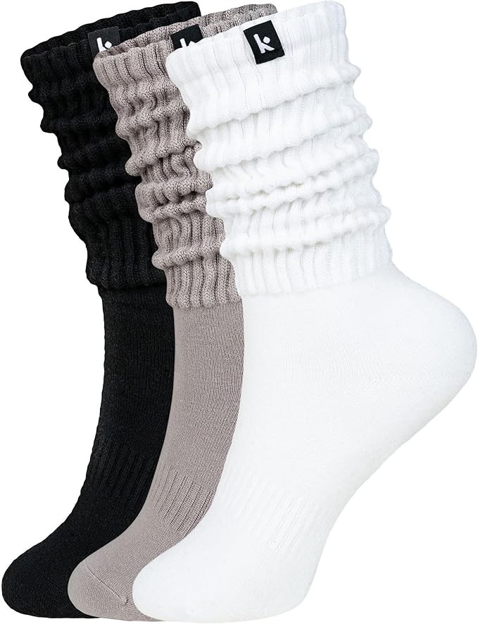 Kamo Fitness Scrunch Boot Socks for Women, Long Cozy Slouch Crew, 3 Pairs