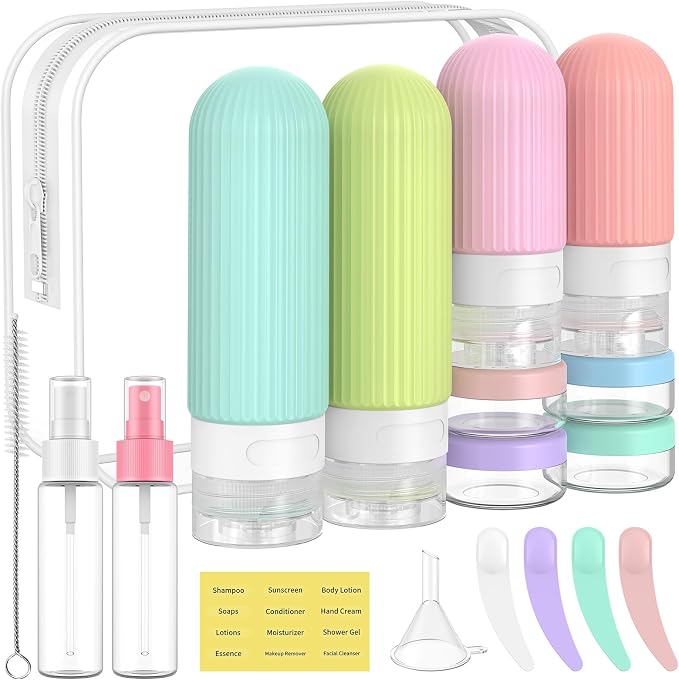 Travel Bottles for Toiletries,18 Pack Silicone Portable Size Bottle, TSA Approved Refillable Cosmetic Container Kits for