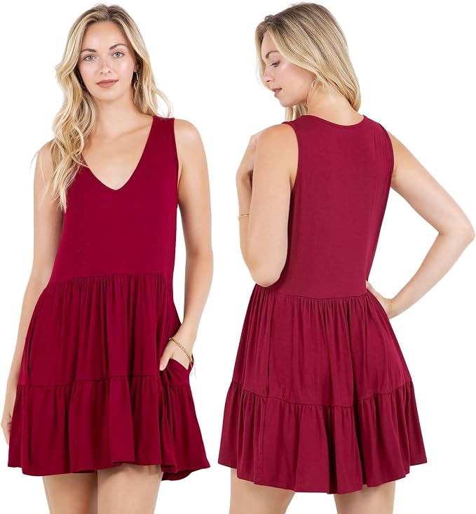 Azules Womens Sleeveless Dress V Neck Babydoll Mini Dress Tiered Flowy Swing Dress with Pockets Casual Summer Dresses