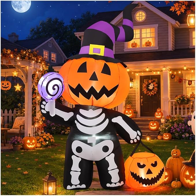 GOOSH 6 FT Halloween Inflatable Pumpkin Skull Body Outdoor Decorations Blow Up Yard Pumpkin with Built-in LEDs for Garde