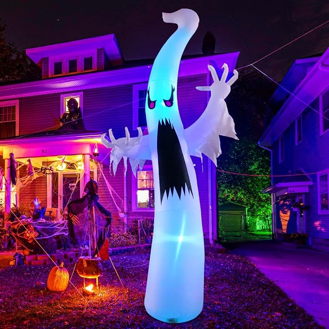GOOSH 6 FT/12 FT Halloween Inflatables Ghost Outdoor Decorations Blow Up Yard Scary Red Eye Dimming Ghost with Built-in