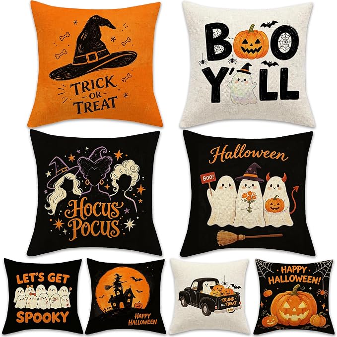 Halloween Pillow Covers, Double-Side Printing 18x18 in Set of 4, 8 Patterns