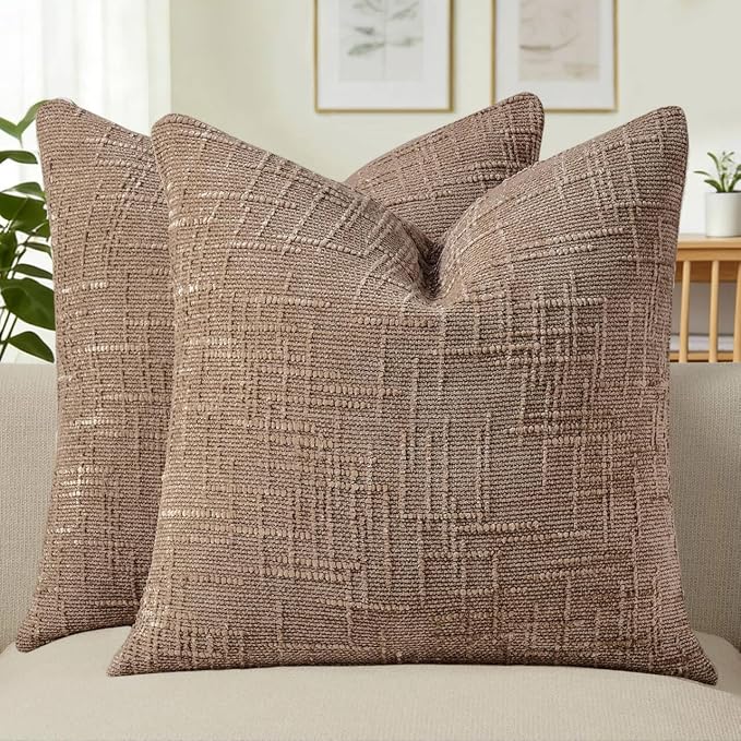 Decorative Couch Throw Pillow Covers 24x24 Set of 2 Camel Soft Chenille Pillow Covers Neutral Textured Boho Cushion Cove