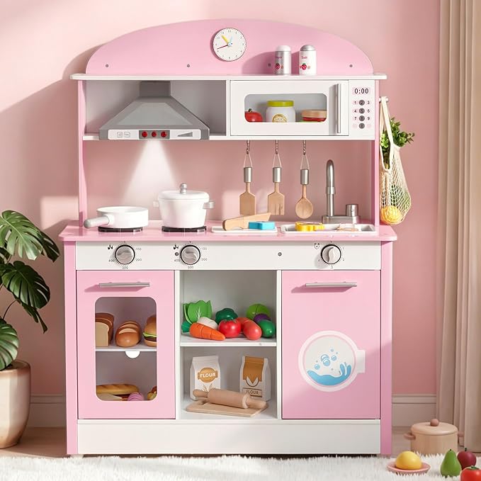 VEVOR Play Kitchen for Kids, Wooden, Kids Kitchen Playset with Real Lights & Sounds, Food & Cookware Accessories, Preten
