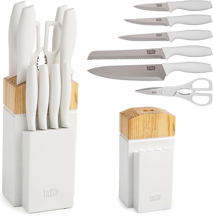 Tasty Kitchen Knife Set with Block, Cutlery Set includes Chef, Bread, Utility, Paring, Steak Knives & Shears, 10-Piece,