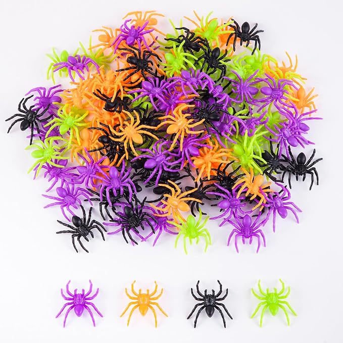 JIALWEN 120 Pieces Realistic Halloween Plastic Spiders 4 Colors Small Spider Toys Fake Spiders Terror Funny Prank Props