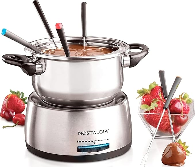 Nostalgia FPS200 6-Cup Stainless Steel Electric Fondue Pot with Temperature Control, 6 Color-Coded Forks and Removable P